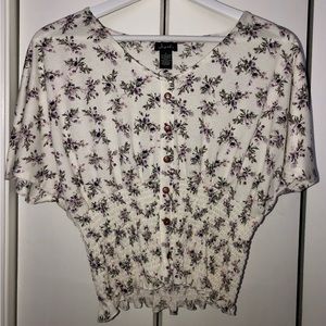 Off White With Purple Floral Print Blouse